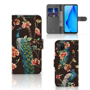 Huawei P40 Lite Telefoonhoesje met Pasjes Pauw met Bloemen