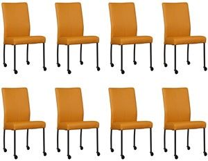 Set van 8 Gele leren moderne eetkamerstoelen Comfort - poot rond zwart met wiel - Toledo Leer Leem (geel leer)