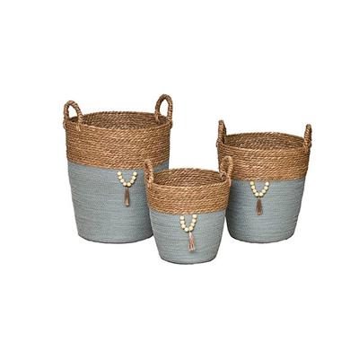 Gebor - Set Van 3 Ronde Zeegras- En Papieren Wasmanden Met Deco - Naturel/kaki - Opbermand - Wasmand - Maten