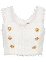 Balmain haut crop en tweed à boutons décoratifs - Blanc