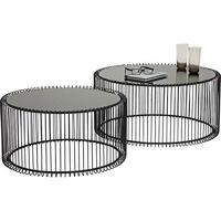 Kare Design salontafel Wire set van 2, zwart, 63/53 cm diameter, bijzettafel, nachtkastje, stalen frame, tafelblad van veiligheidsglas, woonkamer, rond, 34 x 70 x 70 cm (h x b x d)