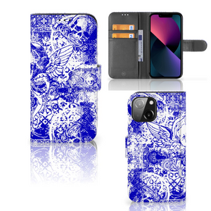 Telefoonhoesje met Naam iPhone 13 Mini Angel Skull Blauw