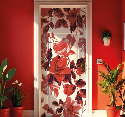 Roze vintage bloemenmuurschildering deursticker