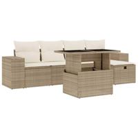 vidaXL 6-delige Loungeset met kussens poly rattan beige