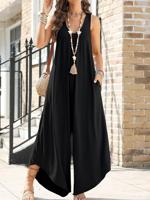 Plain Regular Fit Crew Neck Casual Jumpsuit