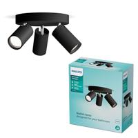 Philips Idris Spot - Plafondspot - Spatwaterdicht IP44 - Zwart - 5W - Badkamerlamp - Drie lichtpunten - Ronde basisplaat - Alleen geschikt voor LED spots
