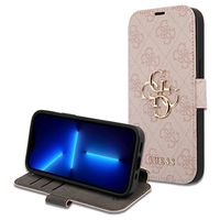 iPhone 15 Pro Guess 4G Metal Logo Flip Cover - Roze