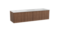 Balmani Forma zwevend badmeubel 180 x 55 cm amerikaans notenhout met Tablo Oval dubbele wastafel in solid surface mat wit, Verticale asymmetrische ronde ribbel