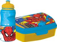 Marvel Set 380 ml fles en Sandwichbox blauw voor kinderen in Spiderman plastic met antislipband en veiligheidssluiting