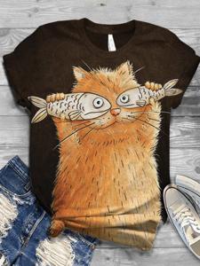 Cotton-Blend Animal Casual Crew Neck T-shirt