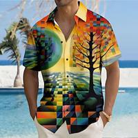 Patroon Hawaii Casual Voor heren Overhemd met knopen Strand hemd Korte Mouw Dagelijks Vakantie Zomer Lente Strijkijzer Overhemden met kraag Dichtknopen Zak Dun Geel Polyester Lightinthebox - thumbnail