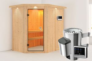 Karibu | Sauna Saja met Dakkraag | Bronzeglas Deur l Biokachel 3,6 kW Externe Bediening