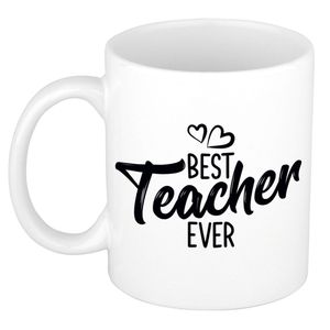 Best teacher ever mok / beker wit met hartjes - cadeau juf / meester / leraar / lerares