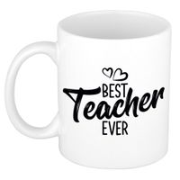 Best teacher ever mok / beker wit met hartjes - cadeau juf / meester / leraar / lerares - thumbnail