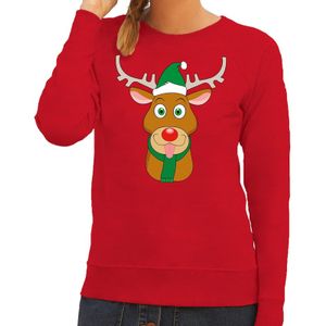 Foute kersttrui rood met Ruldolf het rendier met groene muts voor dames 2XL (44)  -