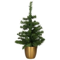 Kunst kerstboom/kunstboompje groen in gouden pot H60 cm