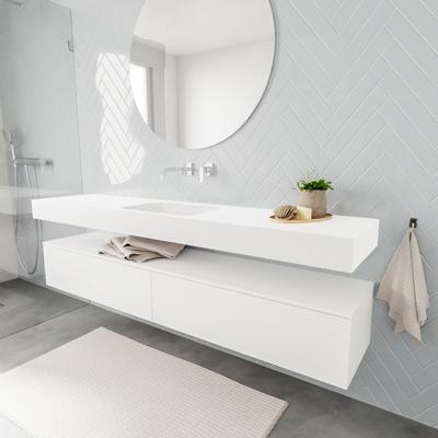 Zaro ALAN vrijhangende wastafel 200cm met wasbak Enkel midden en onderkast in kleur Wit mat 2 lade(s) Zaro ALAN vrijhangende wastafel 200cm met wasbak Enkel midden en onderkast in kleur Wit mat 2 lade(s)