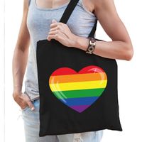 Gaypride regenboog hart katoenen tas zwart - thumbnail