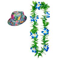 Hawaii thema party verkleedset - Hoedje Tropical print - bloemenkrans groen/blauw - Tropical toppers - thumbnail