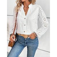 Dames Blouse Katoen Effen Kleur Geborduurd Uitgesneden Dagelijks Elegant Stijlvol Modern Lantaarn mouw Lange mouw V-hals Wit Lente Herfst Lightinthebox