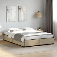 VidaXL Bedframe Bewerkt Hout Metaal Sonoma Eikenkleurig 135x190 cm, Twijfelaar Bed, Bedbodem, Slaapkamermeubel, 2 Persoonsbed