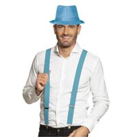 Carnaval verkleedset Partyman - glitter hoedje en bretels - lichtblauw - heren - verkleedkleding