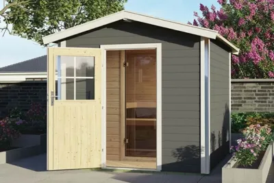 Karibu | Bosse 1 Buitensauna met Voorruimte Terragrijs | Klassieke Deur Karibu | Bosse 1 Buitensauna met Voorruimte Terragrijs | Klassieke Deur