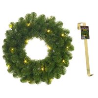 Groene verlichte kerstkransen/deurkransen met 30 LEDS 60 cm en met gouden hanger - thumbnail