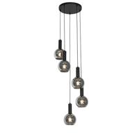 QAZQA - Art Deco Art Deco hanglamp zwart met smoke glas rond 5-lichts - Josje | Woonkamer | Slaapkamer | Keuken - Glas Rond - E27 Geschikt voor LED - Max. 5 x 25 Watt