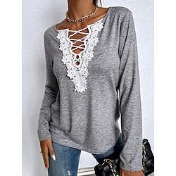 Dames T-shirt Geklede topjes Effen Kleur Kant Lapwerk Dagelijks Stijlvol Lange mouw V-hals Lichtgrijs Lente Herfst Lightinthebox