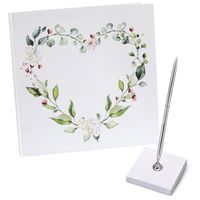 Gastenboek/receptieboek met luxe pen in houder - Bruiloft - zilver/wit - 24 x 24 cm