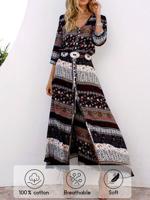 V Neck Boho Ethnic Buckle Dress With No