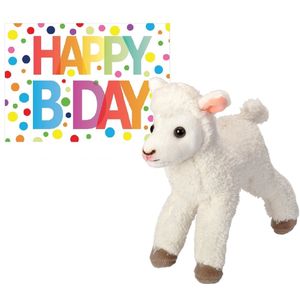 Pluche knuffel lammetje/schaap 20 cm met A5-size Happy Birthday wenskaart