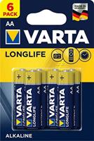 Varta Longlife alkalinebatterijen, AA (LR6), 6 stuks