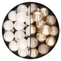 28x stuks kleine kunststof kerstballen champagne en parelmoer wit 3 cm   -