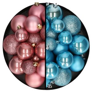 Kerstballen 60x stuks - mix oudroze/ijsblauw - 4-5-6 cm - kunststof