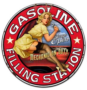 Gasoline Filling Station Mechanic On Duty Pin-Up Zwaar Metalen Bord 61 cm x 61 cm