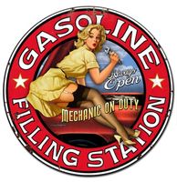 Gasoline Filling Station Mechanic On Duty Pin-Up Zwaar Metalen Bord 61 cm x 61 cm