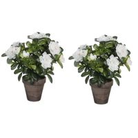 2x Groene Azalea kunstplant witte bloemen 27 cm in pot stan grey   -