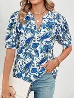 Casual Botanical Pattern V Neck T-Shirt