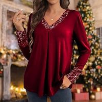 Dames Blouse Fluweel Sprankelend Pailletten Feest Casual Festival / Feestdagen Lange mouw V-hals Rood Herfst winter Lightinthebox