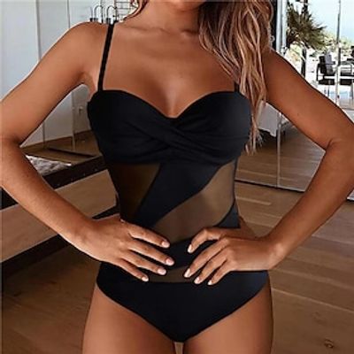 Dames Zwemkleding Een stukje Monokini Badpakken Normaal Zwempak Heldere kleur Open achterkant Netstof Hoog getailleerd Zwart blauw Wijn Marineblauw Bandje Badp