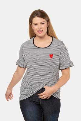 Ulla Popken T-shirt, slim fit, kralenhart, volantmouwen - Grote Maten