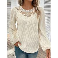 Dames Blouse Geklede topjes Effen Kleur Kant Dagelijks Elegant Pofmouw Lange mouw Strakke ronde hals Beige Lente Herfst Lightinthebox - thumbnail