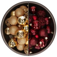 74x stuks kunststof kerstballen mix donkerrood en goud 6 cm - thumbnail