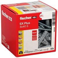 fischer spreidplug SX Plus 8 x 40 S, Doos met 50 nylon pluggen en bijpassende schroeven, Pluggen voor optimale grip bij bevestigingen in beton, volle baksteen, cellenbeton en meer
