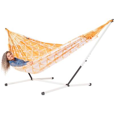 Familie hangmat met metalen standaard - 400x180cm - OranjeRoze - 200kg draagkracht- 100% katoen - binnen & buiten