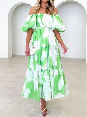 Boat Neck Floral Regular Fit Vacation Dress With Belt Boat Neck Floral Regular Fit Vacation Dress With Belt