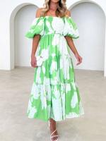 Boat Neck Floral Regular Fit Vacation Dress With Belt