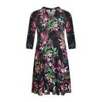 Yoek jurk TROPIC DOTS met bladprint en volant donkerblauw/roze/groen